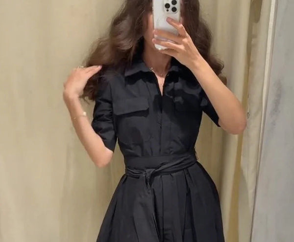 Robe longue chic col chemise boutonnée